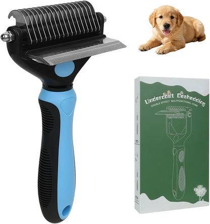 Cat Deshedding Brush & Dog Comb - 2 in 1 Undercoat Rake Detangling Tool for Cats and Dogs with Double Layer Lid, Extra-Wide Grooming & Deshedding for Long Hair (Blue)