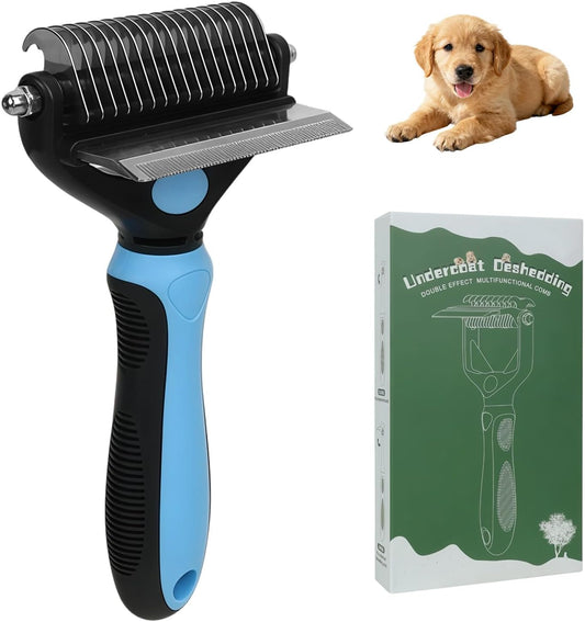 Cat Deshedding Brush & Dog Comb - 2 in 1 Undercoat Rake Detangling Tool for Cats and Dogs with Double Layer Lid, Extra-Wide Grooming & Deshedding for Long Hair (Blue)