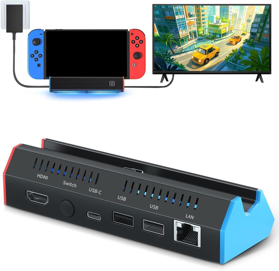 ZONEY Switch TV Dock with 1000Mbps Ethernet LAN Port/4K HDMI Port, Portable Switch Docking Station for Nintendo Switch/Switch OLED, Replacement Official Switch Dock Base Stand (Black with LAN Port)