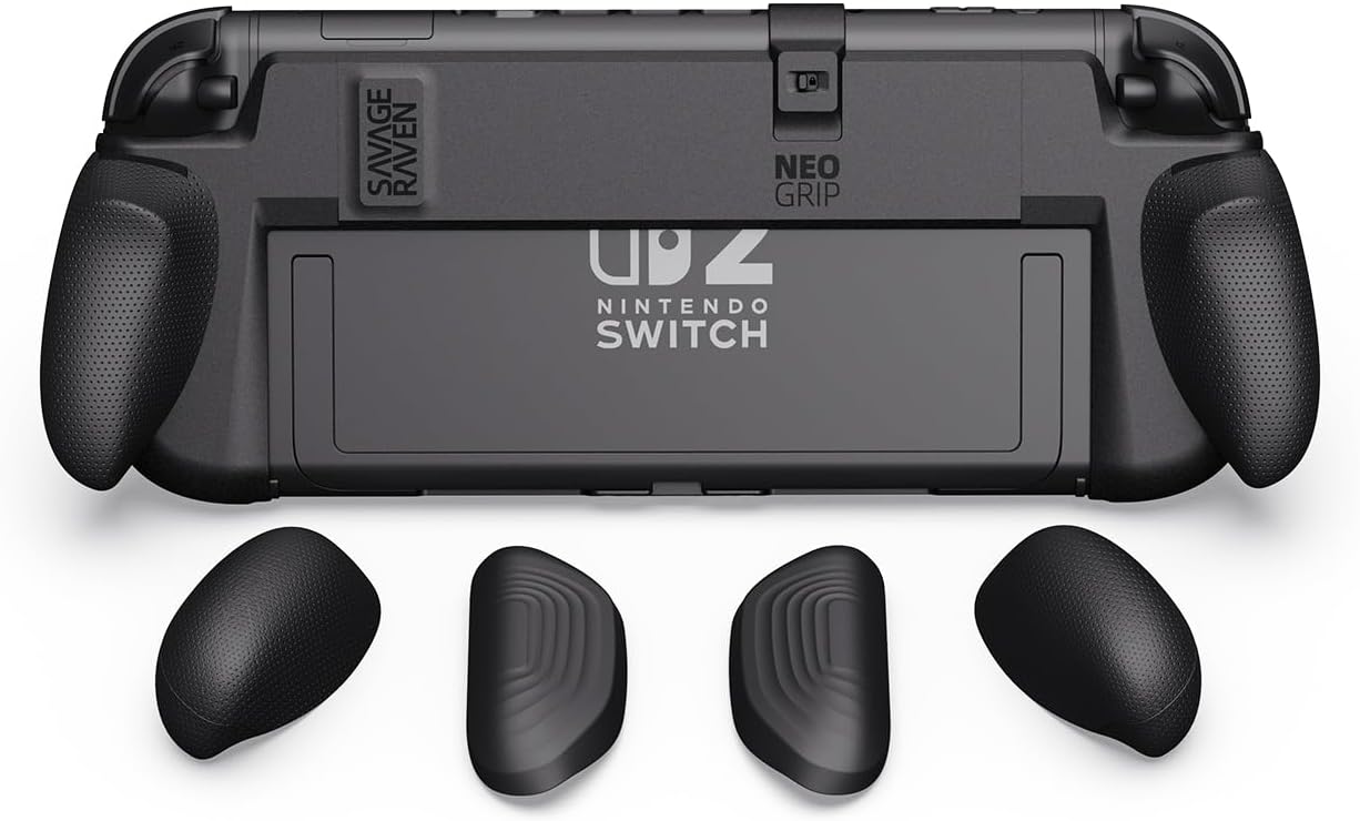 Savage Raven NeoGrip Ergonomic Grip Case Compatible with Nintendo Switch 2, Replaceable Grips for Different Hand Sizes, Hard Shell Handheld Case, Neon Blue & Red