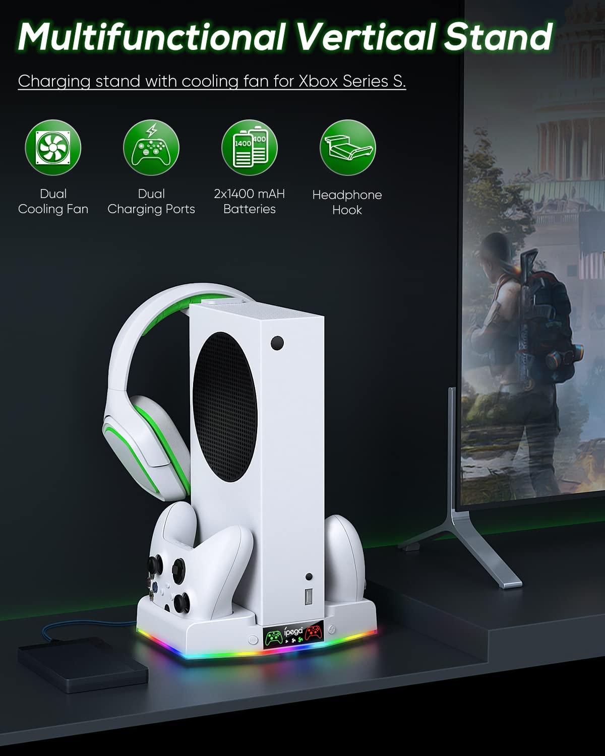 Cooling Stand & Charging Station for Xbox Series S with RGB Light Strip,Dual Controller Charger & Cooler Fan for XSS Console Accessories with 2*1400mAH Rechargeable Battery Pack,1*Headphone Hook,White