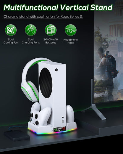 Cooling Stand & Charging Station for Xbox Series S with RGB Light Strip,Dual Controller Charger & Cooler Fan for XSS Console Accessories with 2*1400mAH Rechargeable Battery Pack,1*Headphone Hook,White