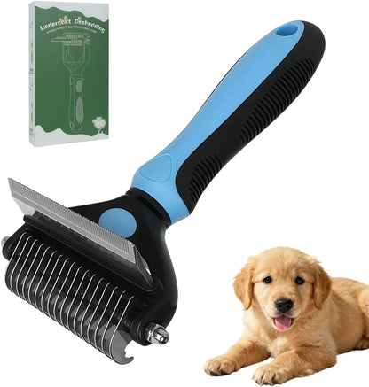 Cat Deshedding Brush & Dog Comb - 2 in 1 Undercoat Rake Detangling Tool for Cats and Dogs with Double Layer Lid, Extra-Wide Grooming & Deshedding for Long Hair (Blue)
