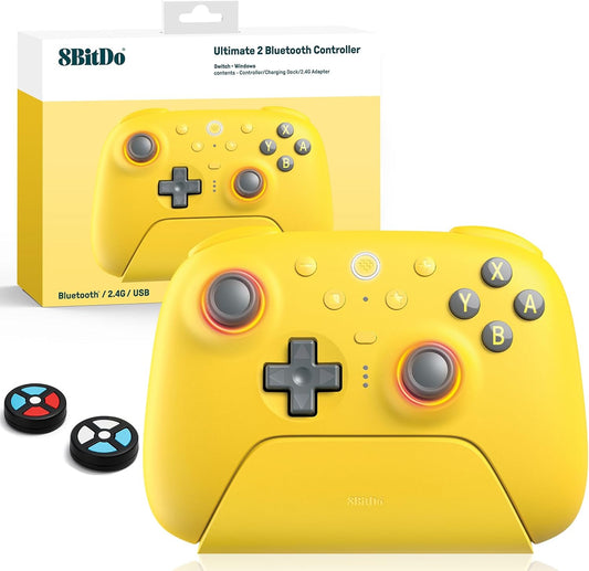 8Bitdo Ultimate 2 Bluetooth Controller (TMR Joystick Update), RGB Fire Ring, Switchable Hall Effect/Tactile Triggers, Vibration and Motion Control for Switch 2, Switch, Windows PC (Yellow)