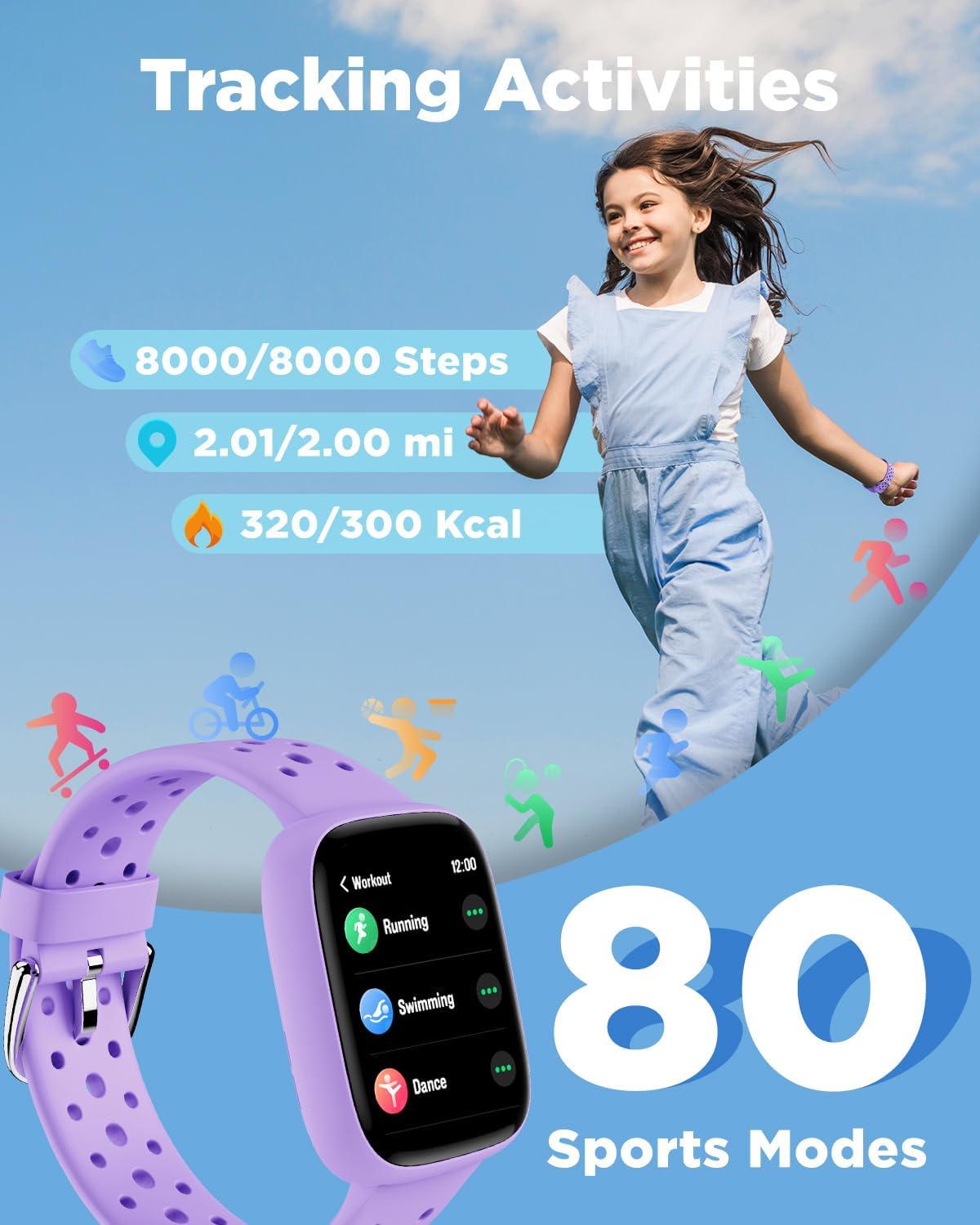 BIGGERFIVE Smart Watch for Kids No APP No Phone Needed, 1.8" Fitness Tracker Watch Pedometer, Sleep Monitor, IP68 Waterproof, Step Counter, Puzzle Games for Girls Boys Teens 5-16, Black