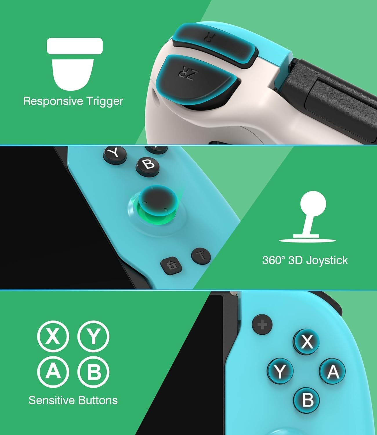 ZONEY Switch Controller for Nintendo Switch/OLED, One-Piece Joypad Switch Pro Controller for Handheld Mode, Ergonomic Handheld Switch Grip Controller with 6-Axis Motion Control, Turbo & Mapping (Blue & Green)