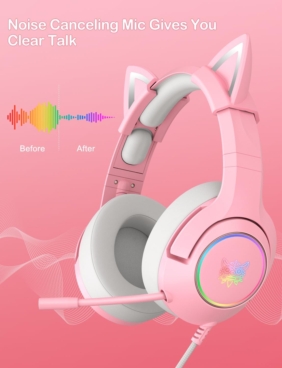 Gaming Headset for PS4, PS5, Cat Ear Headphones with Retractable Microphone, RGB Backlight, Surround Sound for PC, Mobile Phone, Gradient Pink Blue