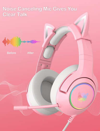 Gaming Headset for PS4, PS5, Cat Ear Headphones with Retractable Microphone, RGB Backlight, Surround Sound for PC, Mobile Phone, Gradient Pink Blue