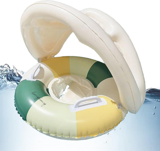 Baby Pool Float - Swimming Pool Stand with Sun Protection, Inflatable Ring with Sun Protection, Foldable, Floating Safety Seat for Children