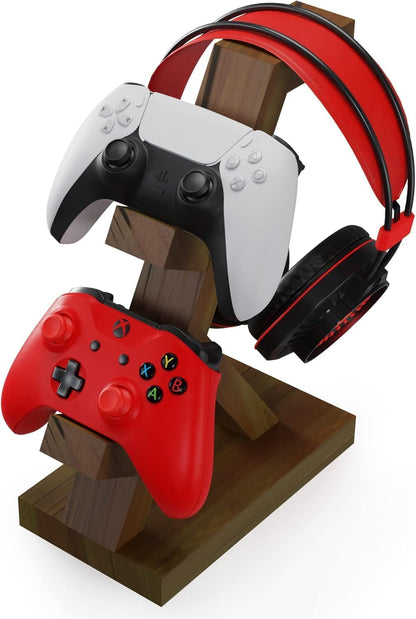 Wooden Controller Stand with Headphone Holder, Game Controller Holder, Video Game Controller Holder for Desk, Controller & Headset Stand, Wooden Headphone Stand
