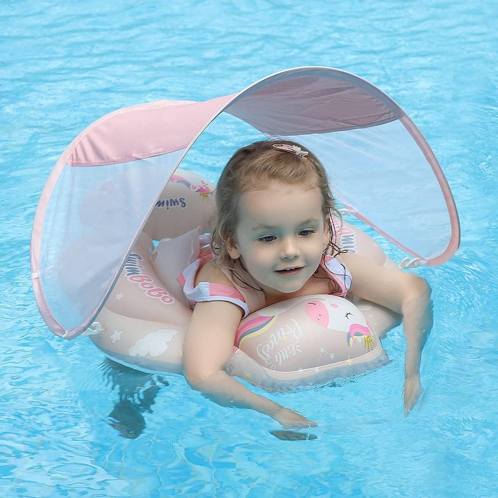 Kids Swimming Pool Float with Removable UPF 50+ Sun Protection Canopy, Infant Toddler Inflatable Swimming Rings for Age of 12-24 Months, Boys Girls Swimming Trainer