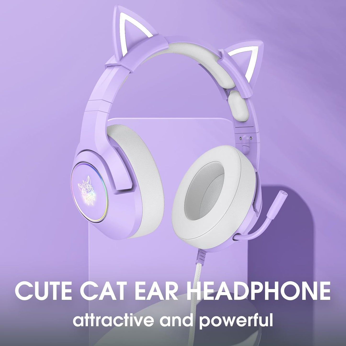 Gaming Headset for PS4, PS5, Cat Ear Headphones with Retractable Microphone, RGB Backlight, Surround Sound for PC, Mobile Phone, Gradient Pink Blue