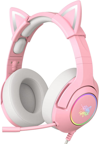 Gaming Headset for PS4, PS5, Cat Ear Headphones with Retractable Microphone, RGB Backlight, Surround Sound for PC, Mobile Phone, Gradient Pink Blue