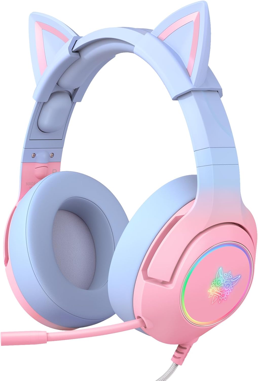 Gaming Headset for PS4, PS5, Cat Ear Headphones with Retractable Microphone, RGB Backlight, Surround Sound for PC, Mobile Phone, Gradient Pink Blue