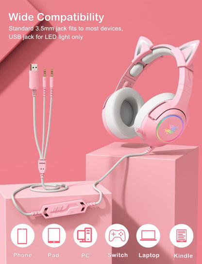Gaming Headset for PS4, PS5, Cat Ear Headphones with Retractable Microphone, RGB Backlight, Surround Sound for PC, Mobile Phone, Gradient Pink Blue