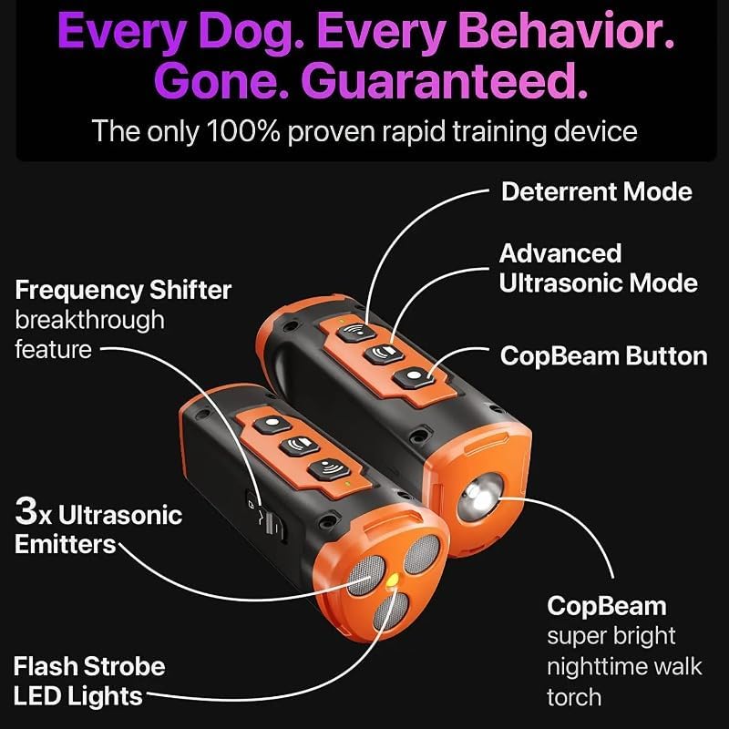 Ultrasonic Dog Repeller, Rechargeable Anti Barking Trainer with LED Flashlight : High-Frequency Pet Deterrent Device | Outdoor/Indoor Dog Behavior Control for Pet Owners (Orange)