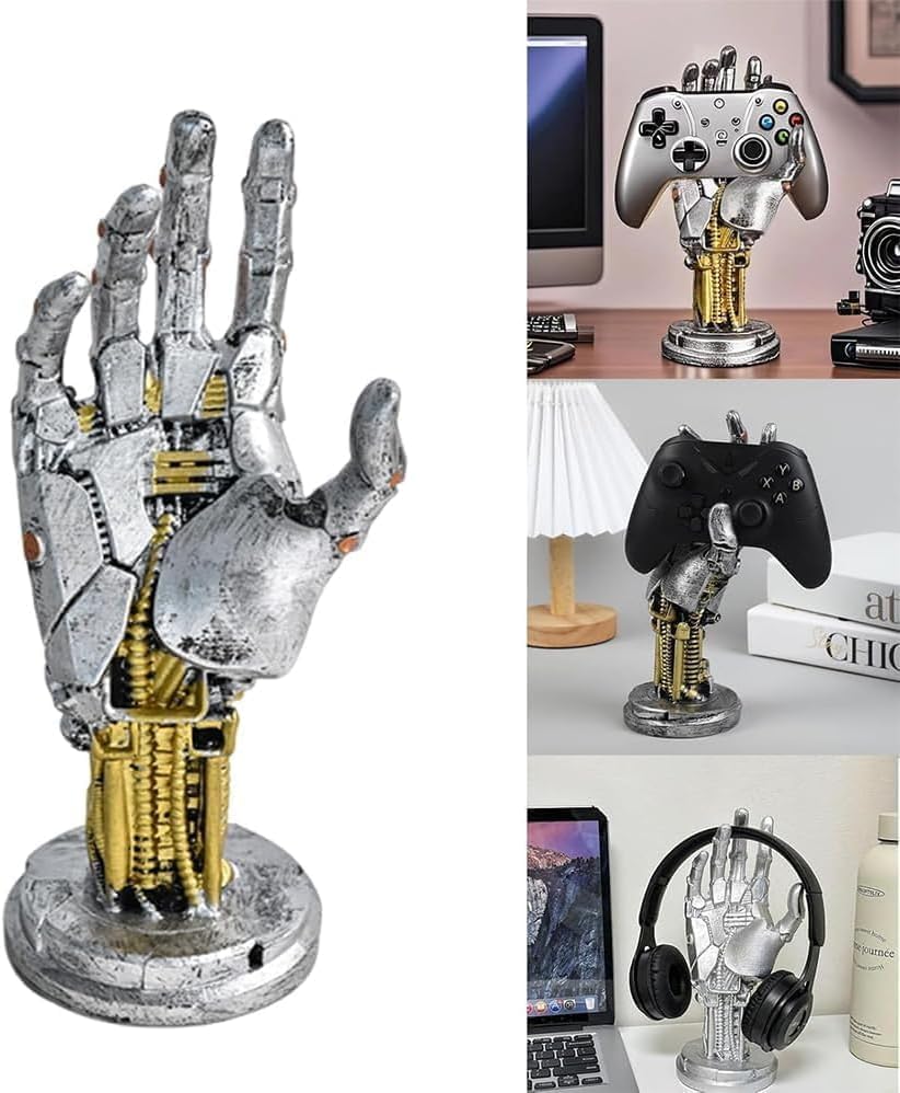KOOPAO Headphone and Gaming Controller Holder Stand, Cyberpunk Mechanical Hand Headset Hanger for PS4 PS5 Xbox Switch Controller Stand,Desktop Decoration Game Room Decor (Silver)