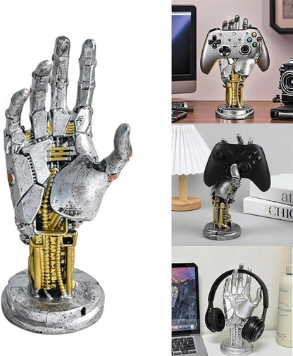 KOOPAO Headphone and Gaming Controller Holder Stand, Cyberpunk Mechanical Hand Headset Hanger for PS4 PS5 Xbox Switch Controller Stand,Desktop Decoration Game Room Decor (Silver)