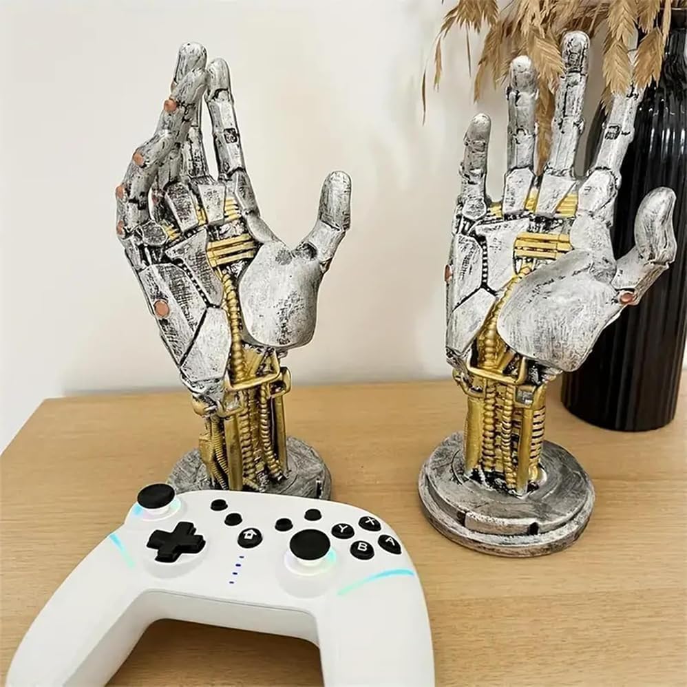 KOOPAO Headphone and Gaming Controller Holder Stand, Cyberpunk Mechanical Hand Headset Hanger for PS4 PS5 Xbox Switch Controller Stand,Desktop Decoration Game Room Decor (Silver)