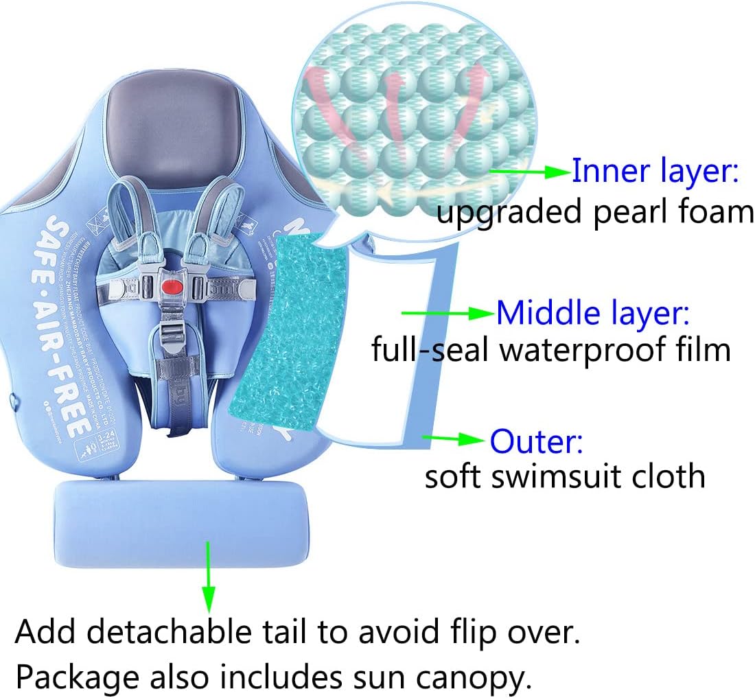 Mambobaby Float Non Inflatable Smart Swim Trainer Newest Size Improved Add Tail Never Flip Over UPF 50+ Sun Canopy Baby Swim Float Mambo Baby Float Solid Swimming Ring Infant Pool Float