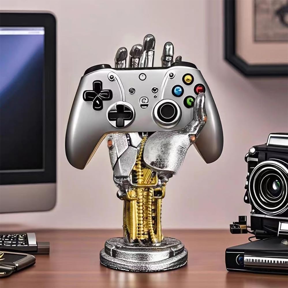 KOOPAO Headphone and Gaming Controller Holder Stand, Cyberpunk Mechanical Hand Headset Hanger for PS4 PS5 Xbox Switch Controller Stand,Desktop Decoration Game Room Decor (Silver)