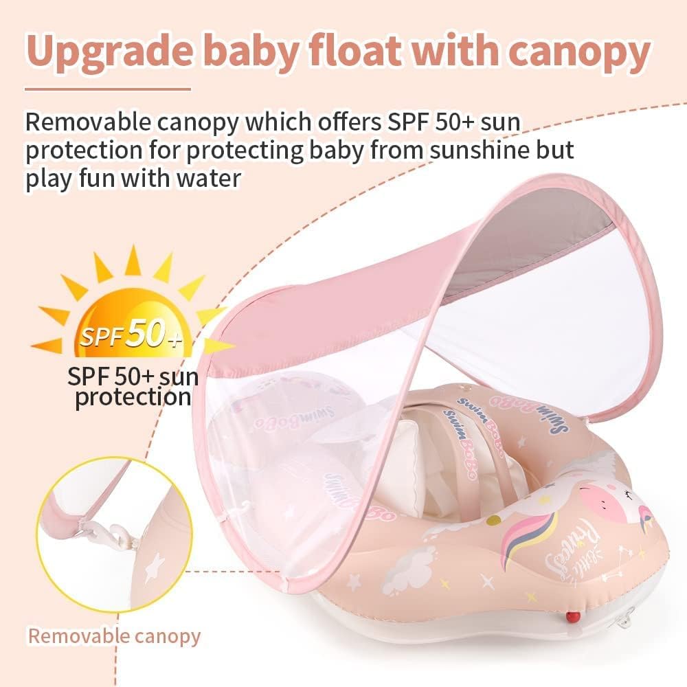 Kids Swimming Pool Float with Removable UPF 50+ Sun Protection Canopy, Infant Toddler Inflatable Swimming Rings for Age of 12-24 Months, Boys Girls Swimming Trainer
