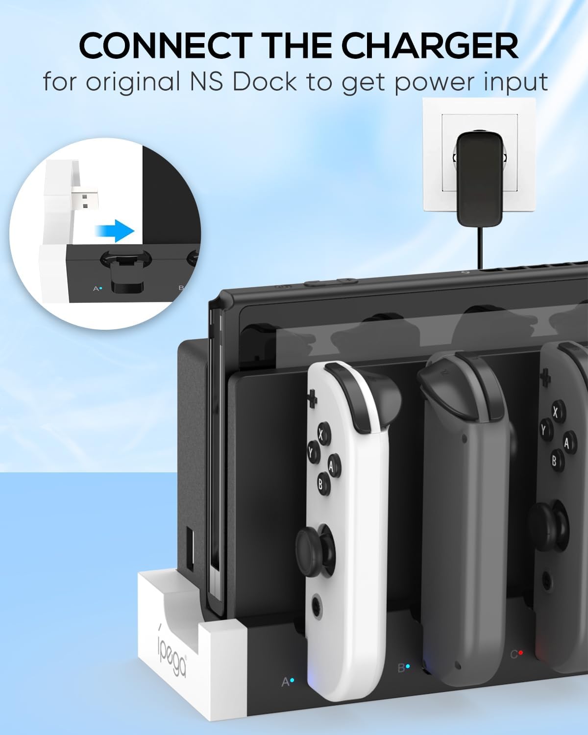 Controller Charging Dock for Switch and Switch OLED, Wireless Gamepad Charging Station with LED Indicator, Compact Desktop Charging Stand, White