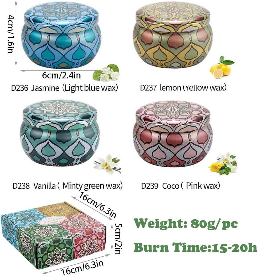 4 Pack Scented Candles Gift Set 80g x 4 100% Pure Natural Soy Wax Portable Travel Aromatherapy Tin Jar Candle for Birthday Christmas Valentine's Mother's Thanksgiving Day Women & Mom Gifts