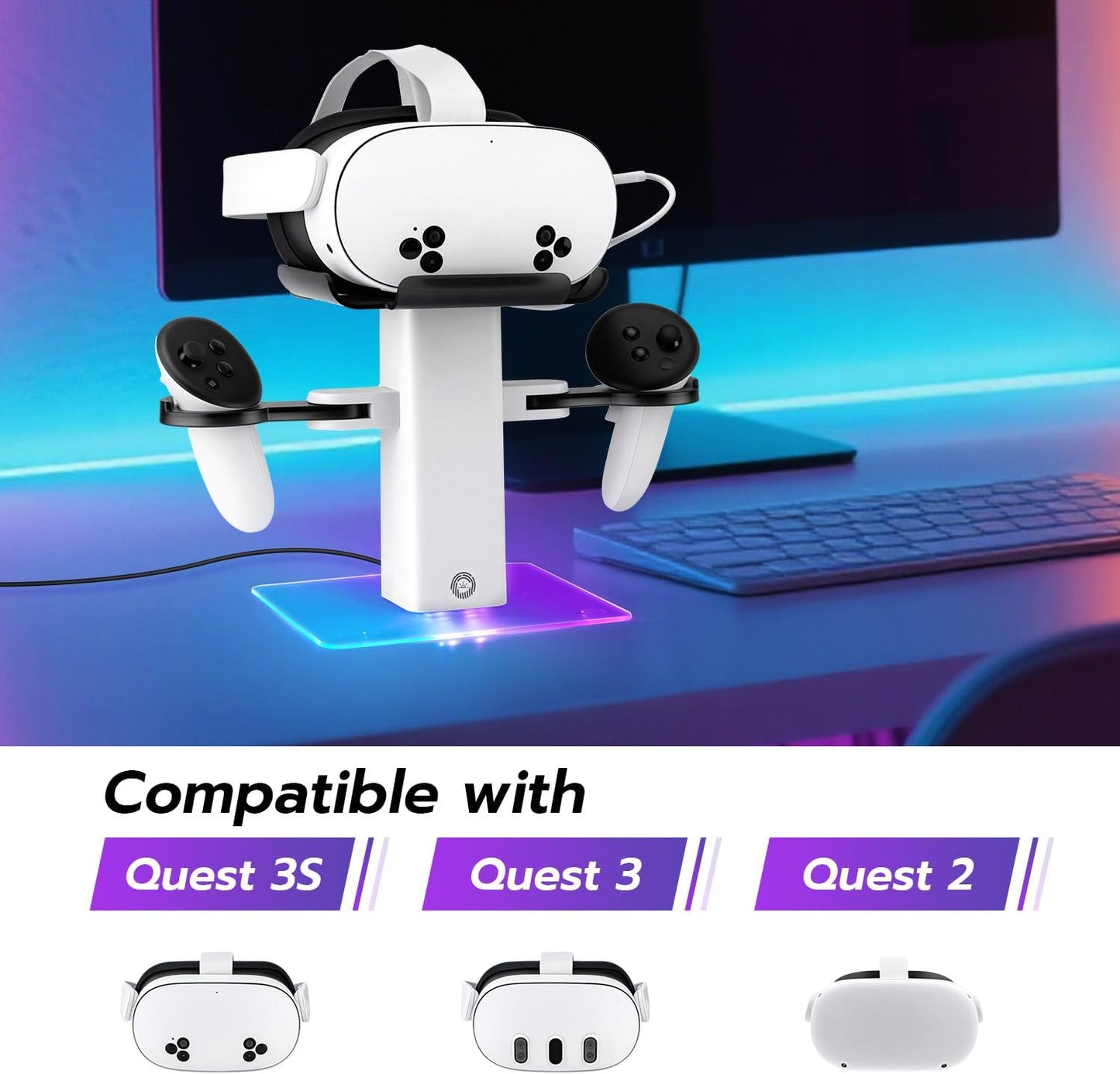 Mcbazel RGB Charging Dock for Meta Quest 3S/3/2, 15W Fast Vertical Charging Stand with Colorful LED Light & Non-Slip Base, USB-C VR Headset Charging Station (Not for Controllers)
