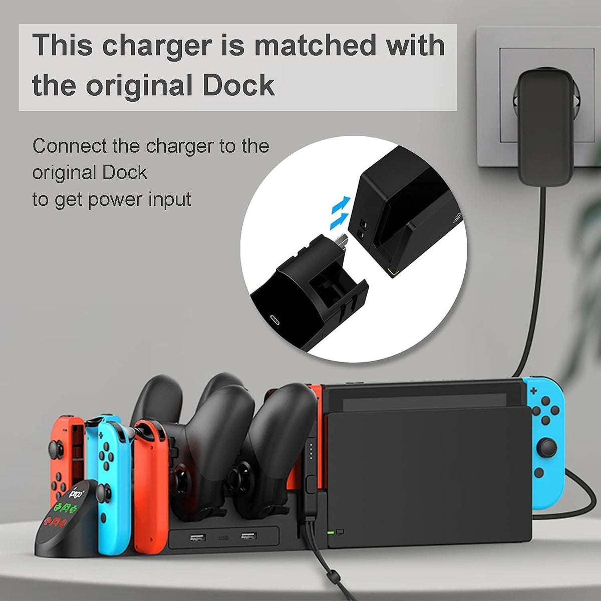 6-in-1 Charging Dock for Switch Controllers, Desktop Charging Station for Gamepad and Controller Accessories, USB 2.0 Ports, Compact Charging Stand