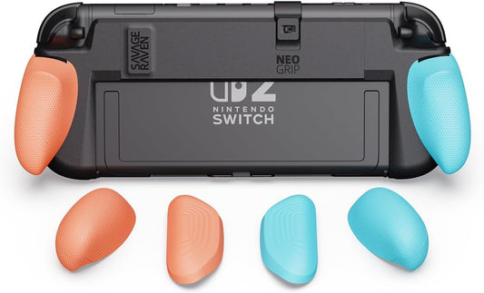 Savage Raven NeoGrip Ergonomic Grip Case Compatible with Nintendo Switch 2, Replaceable Grips for Different Hand Sizes, Hard Shell Handheld Case, Neon Blue & Red