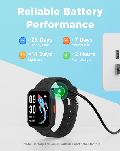 BIGGERFIVE Smart Watch for Kids No APP No Phone Needed, 1.8" Fitness Tracker Watch Pedometer, Sleep Monitor, IP68 Waterproof, Step Counter, Puzzle Games for Girls Boys Teens 5-16, Black