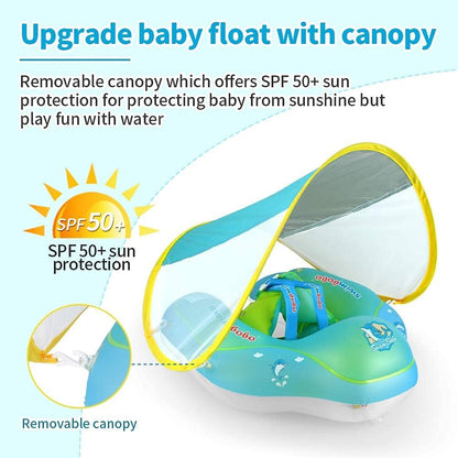 Kids Swimming Pool Float with Removable UPF 50+ Sun Protection Canopy, Infant Toddler Inflatable Swimming Rings for Age of 12-24 Months, Boys Girls Swimming Trainer