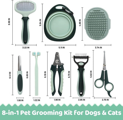 8-in-1 Grooming Kit for Dogs and Cats | Pet Hair Remover Brush, Dog Wash Slicker Brush,Nail Clippers Trimmer, Comb,Collapsible Bowl，Scissors,Cat Toothbrush,Dog Cat Shedding Control,Dog Grooming Kit