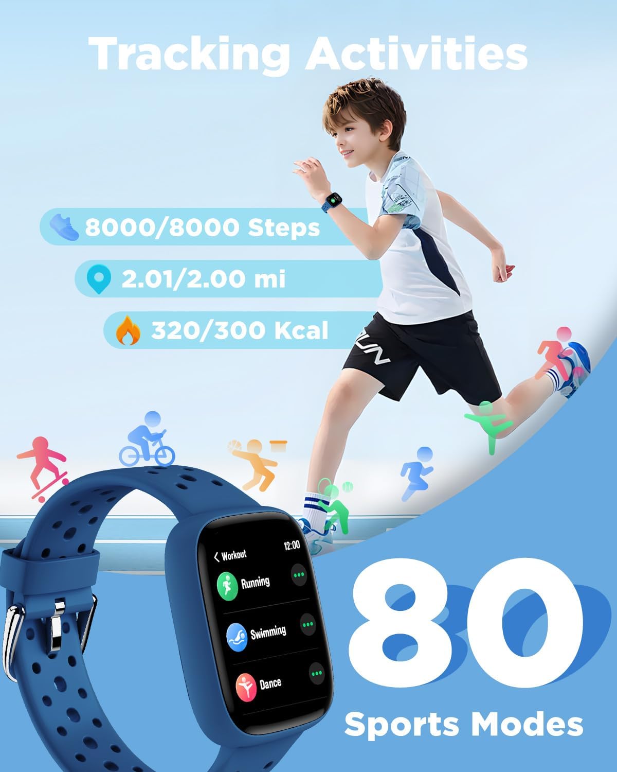 BIGGERFIVE Smart Watch for Kids No APP No Phone Needed, 1.8" Fitness Tracker Watch Pedometer, Sleep Monitor, IP68 Waterproof, Step Counter, Puzzle Games for Girls Boys Teens 5-16, Black