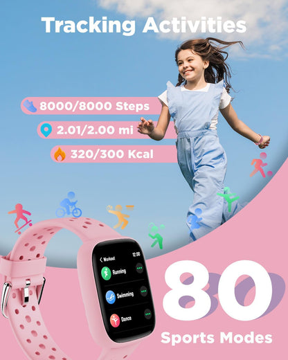 BIGGERFIVE Smart Watch for Kids No APP No Phone Needed, 1.8" Fitness Tracker Watch Pedometer, Sleep Monitor, IP68 Waterproof, Step Counter, Puzzle Games for Girls Boys Teens 5-16, Black