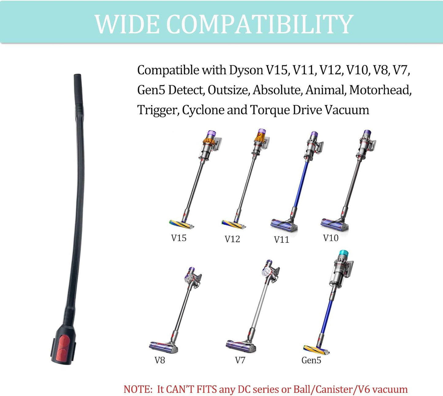 22.6" Flexible Crevice Tool for Dyson V7 V8 V10 V11 V12 V15 Gen5 Cordless Vacuum Cleaner, Vacuum Accessories Attachment for Dryer Vent, Car Detailing, Gaps and Corners Cleaning - 22.6 Inches