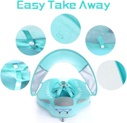 HECCEI Add Tail Newest Mambobaby Baby Swim Float with Canopy Solid Pool Infant Swim Trainer Swimming Training Lying Air Free Water Floats Non-Inflatable Waist Swim Ring for Toddlers (Flamingo)