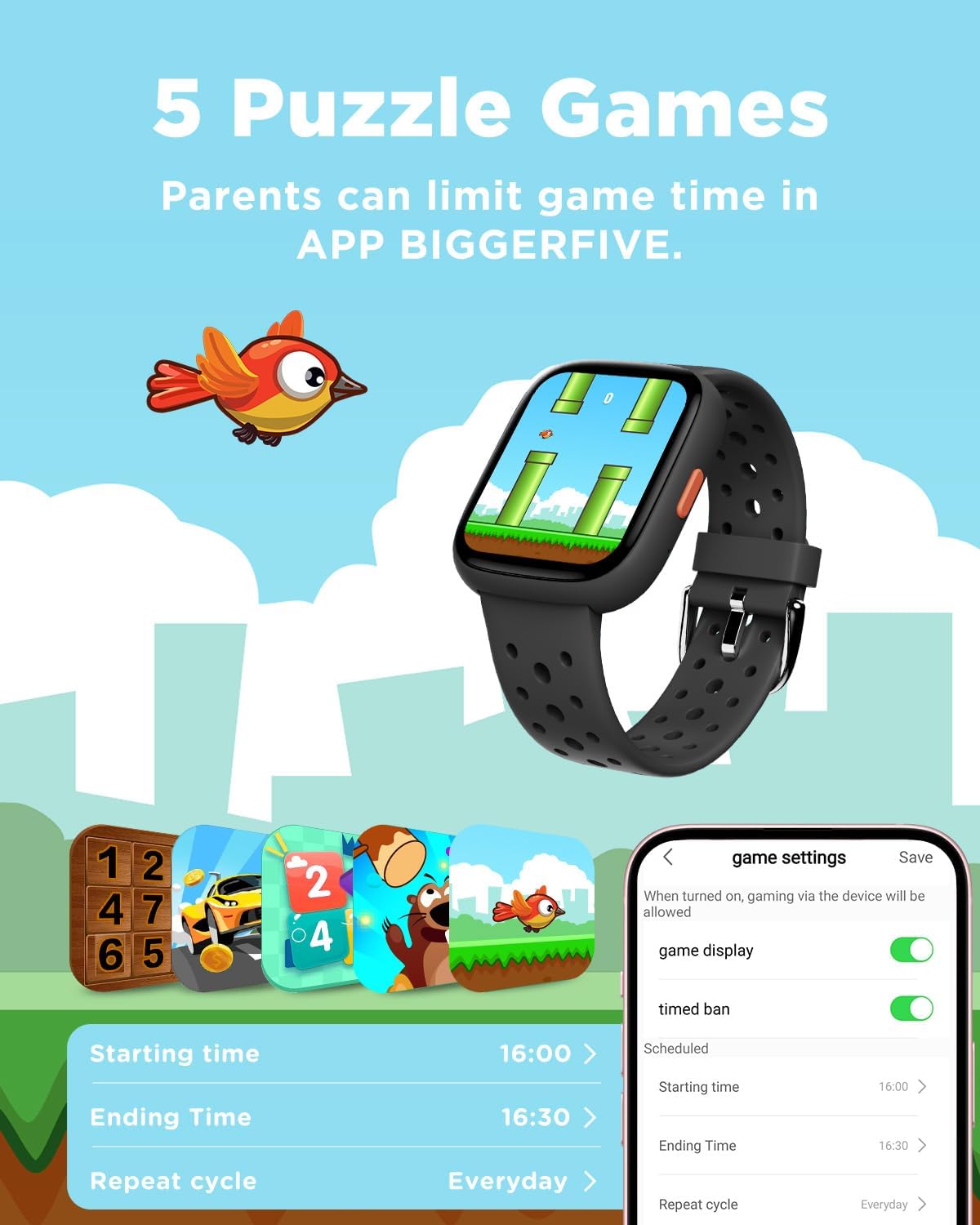BIGGERFIVE Smart Watch for Kids No APP No Phone Needed, 1.8  Fitness Tracker Watch Pedometer, Sleep Monitor, IP68 Waterproof, Step Counter, Puzzle Games for Girls Boys Teens 5-16, Black