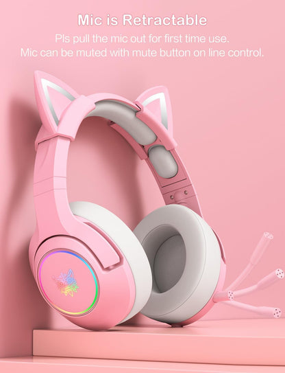 Gaming Headset for PS4, PS5, Cat Ear Headphones with Retractable Microphone, RGB Backlight, Surround Sound for PC, Mobile Phone, Gradient Pink Blue