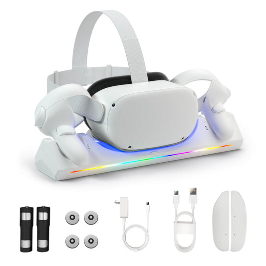 Oculus Quest 2 Charging Dock, Meta Quest 2 VR Headset and Controllers, Includes 2 x 2100mAh Rechargeable Batteries, USB-C Charger and Data Cable, Features LED Indicator Lights