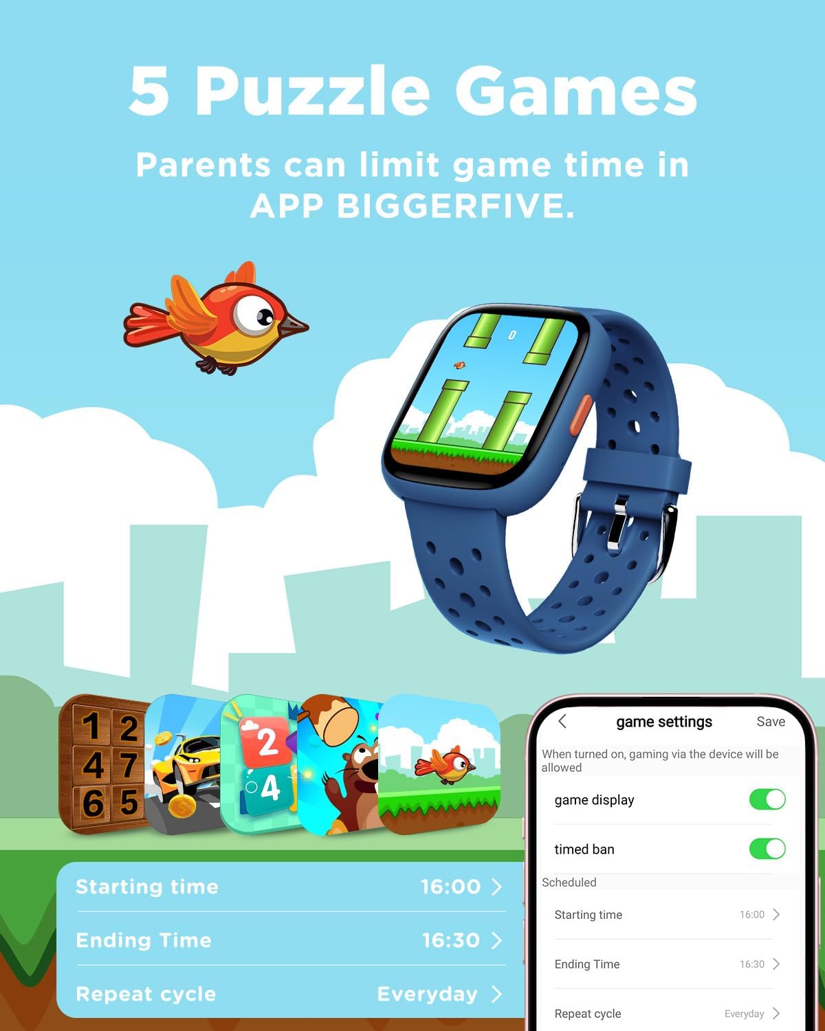 BIGGERFIVE Smart Watch for Kids No APP No Phone Needed, 1.8" Fitness Tracker Watch Pedometer, Sleep Monitor, IP68 Waterproof, Step Counter, Puzzle Games for Girls Boys Teens 5-16, Black