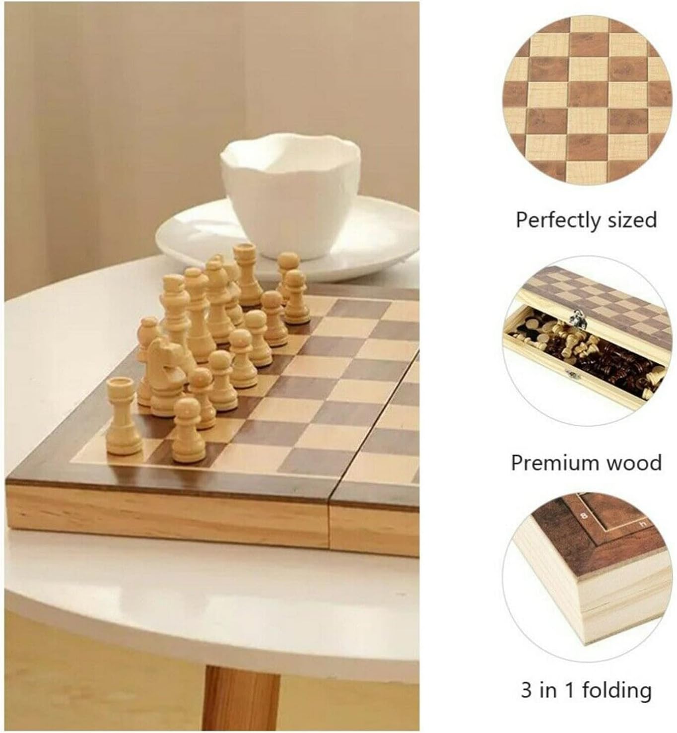 40cm Large Wooden Chess Set with Folding Board, Storage Slots, Chessmen Pieces, 3-in-1 Chess Backgammon Checkers Board Game for Adults & Kids