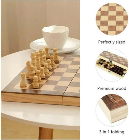 40cm Large Wooden Chess Set with Folding Board, Storage Slots, Chessmen Pieces, 3-in-1 Chess Backgammon Checkers Board Game for Adults & Kids
