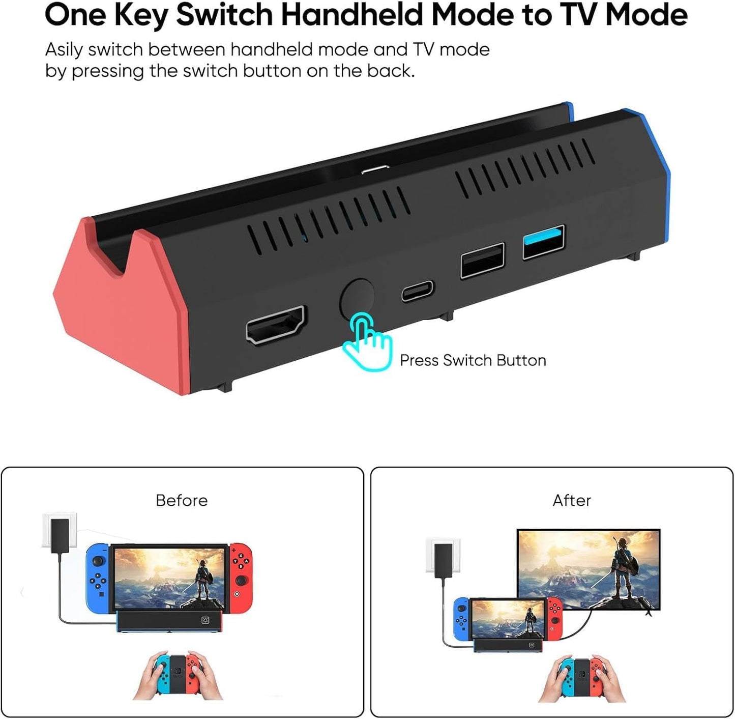 ZONEY Switch TV Dock with 1000Mbps Ethernet LAN Port/4K HDMI Port, Portable Switch Docking Station for Nintendo Switch/Switch OLED, Replacement Official Switch Dock Base Stand (Black with LAN Port)