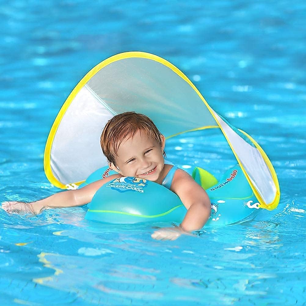 Kids Swimming Pool Float with Removable UPF 50+ Sun Protection Canopy, Infant Toddler Inflatable Swimming Rings for Age of 12-24 Months, Boys Girls Swimming Trainer
