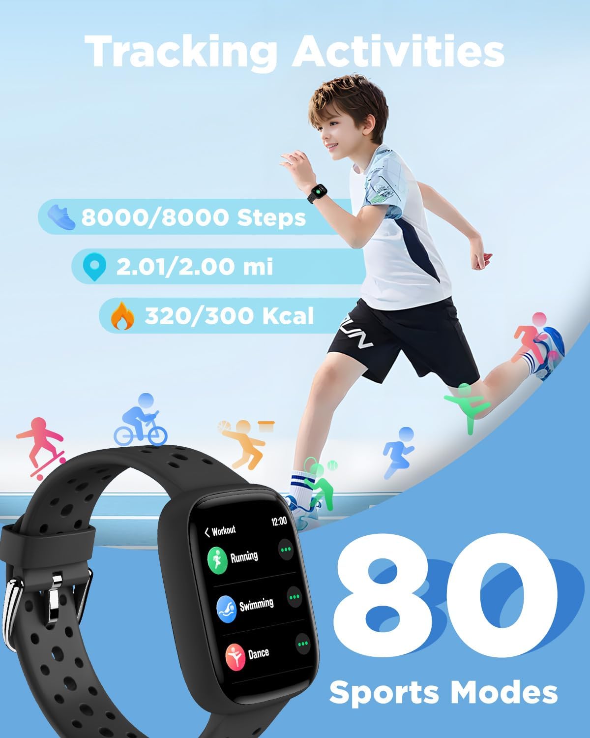 BIGGERFIVE Smart Watch for Kids No APP No Phone Needed, 1.8" Fitness Tracker Watch Pedometer, Sleep Monitor, IP68 Waterproof, Step Counter, Puzzle Games for Girls Boys Teens 5-16, Black