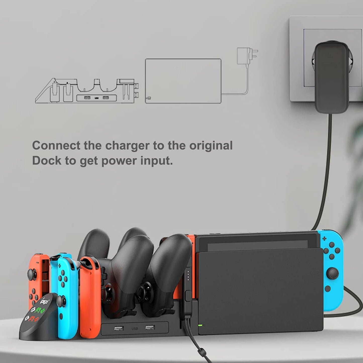 Charging Dock Compatible with Nintendo Switch Pro Controllers and Joy-Con Controllers, Multifunction Charging Stand with 2 USB 2.0 Ports, Black