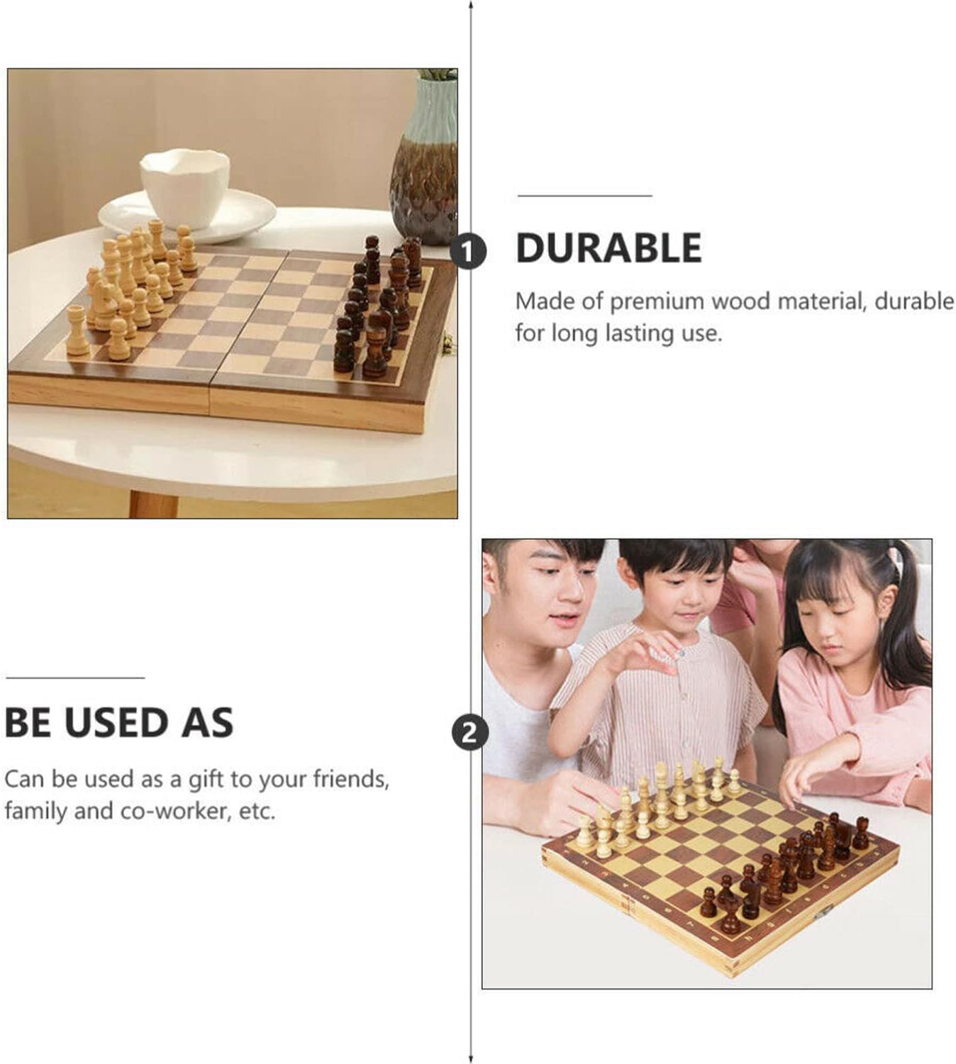 40cm Large Wooden Chess Set with Folding Board, Storage Slots, Chessmen Pieces, 3-in-1 Chess Backgammon Checkers Board Game for Adults & Kids