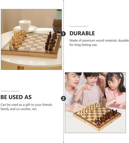 40cm Large Wooden Chess Set with Folding Board, Storage Slots, Chessmen Pieces, 3-in-1 Chess Backgammon Checkers Board Game for Adults & Kids